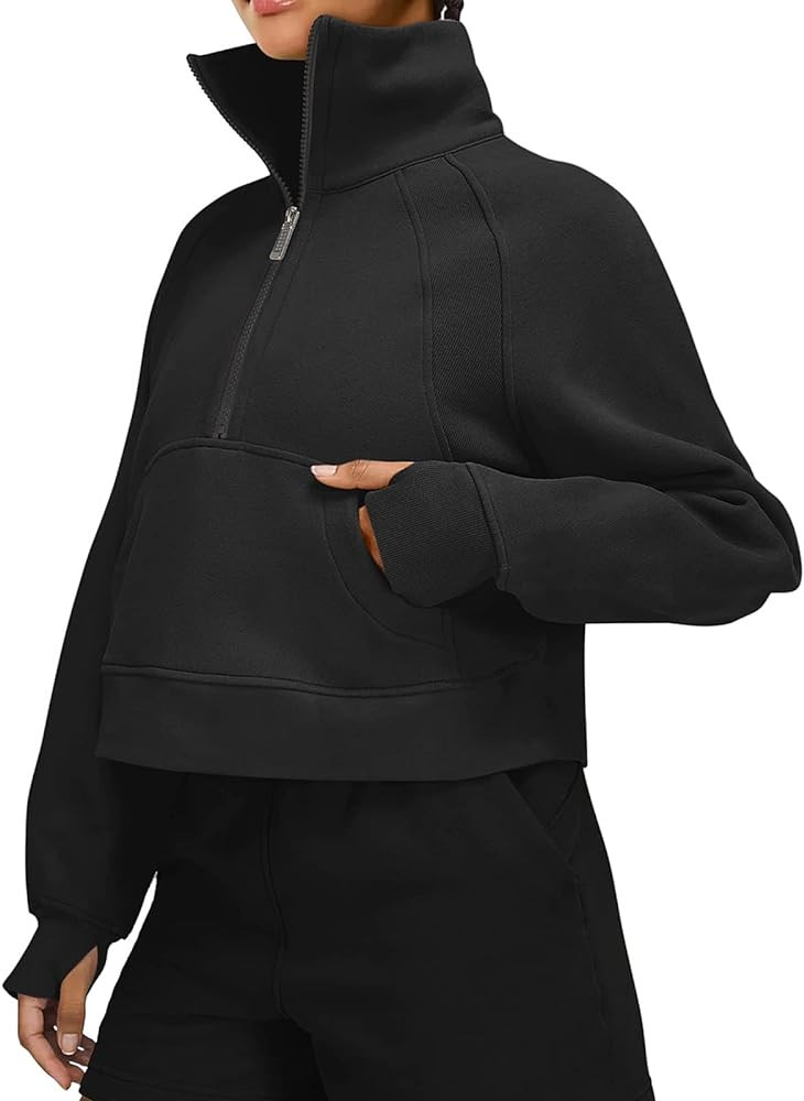 LASLULU Womens Sweatshirts Fleece Lined 1/2 Zipper Collar Pullover Sweatshirts Long Sleeve Crop Tops | Amazon (US)