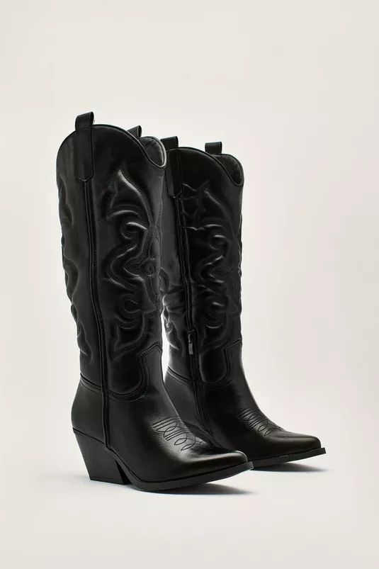 Faux Leather Knee High Cowboy Boots | Nasty Gal (US)