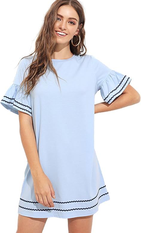 Women's Round Neck Petal Short Sleeve Ruffle Hem Tunic Dress | Amazon (US)