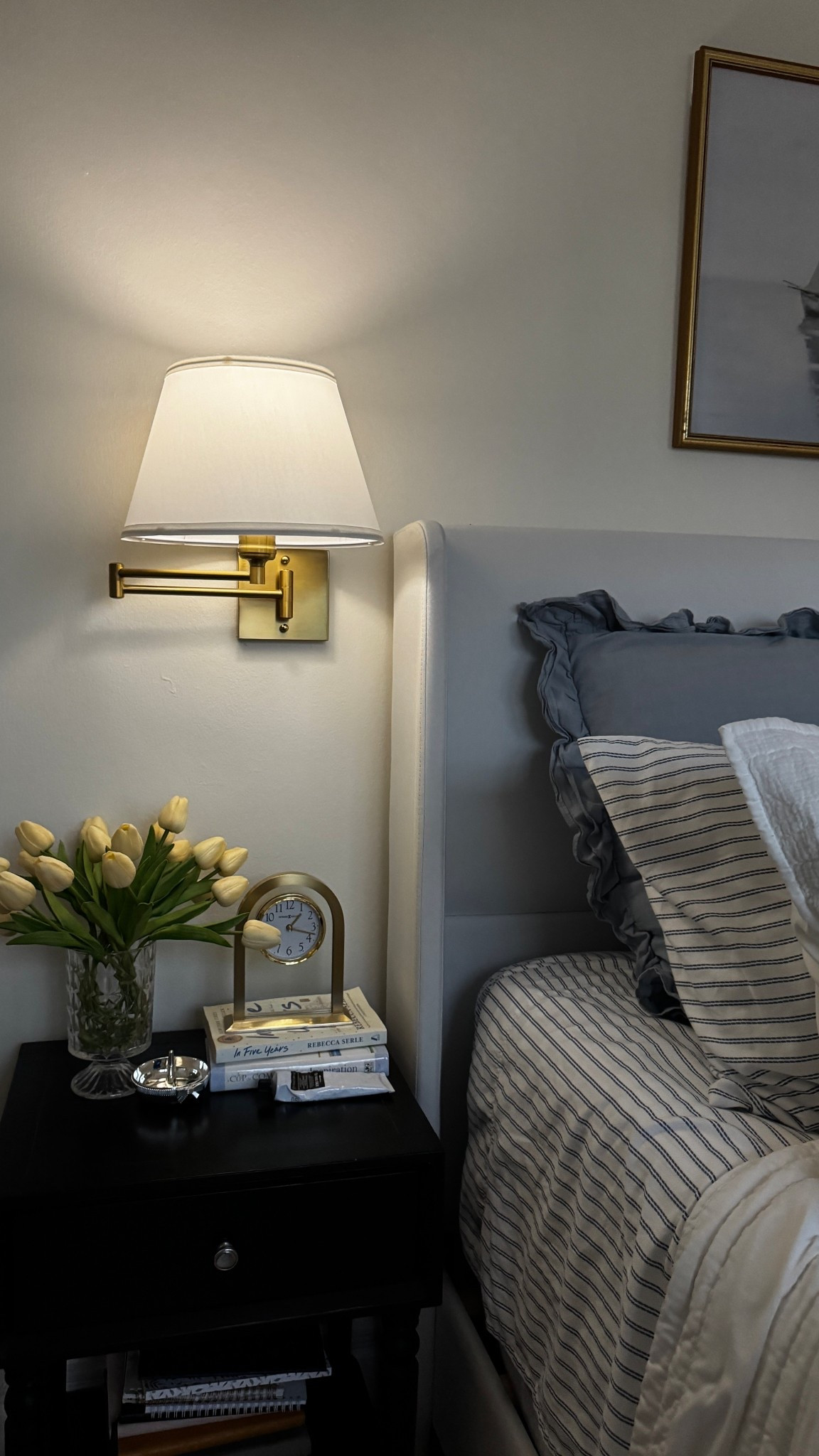 Ralph Lauren Home Decor! Home Decor Inspo! Bedroom design! bedroom decor! Chic bedroom inspo. Wall sconce! Faux tulips