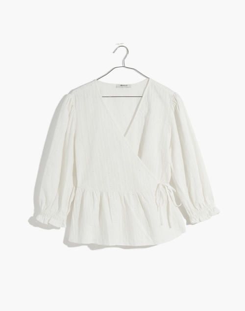 Embroidered Eyelet Puff-Sleeve Peplum Wrap Top | Madewell