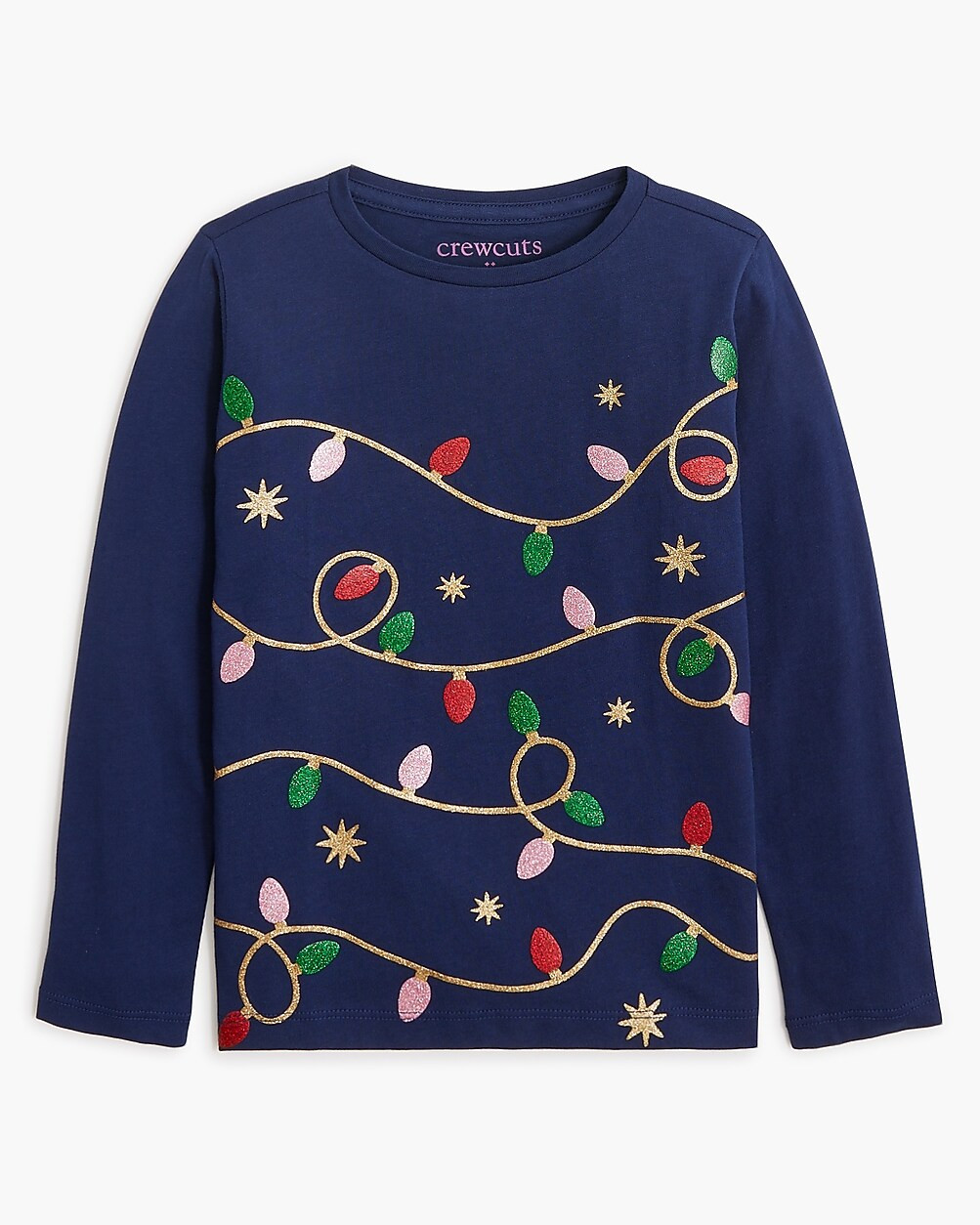 Girls' long-sleeve glitter holiday lights graphic tee | J.Crew Factory