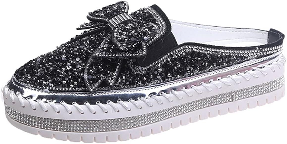 Women's Slip On Mule Shoes Rhinestones Glitter Bow Loafer Shoes Ladies Platform Comfort Penny Sho... | Amazon (US)