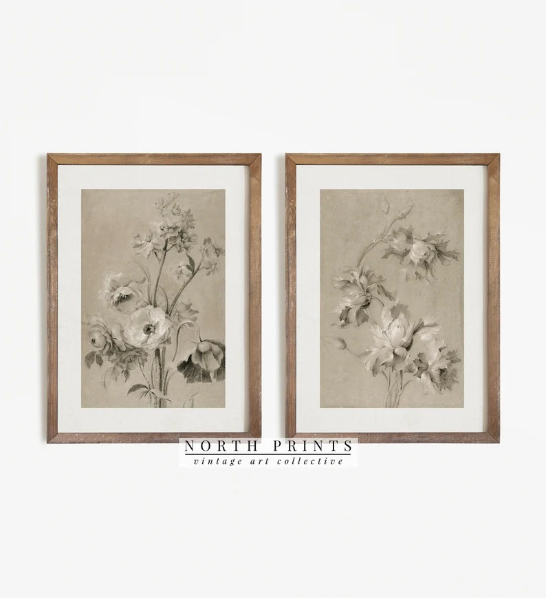 Antique Neutral Floral Print SET of Two  Vintage Muted Art  | Etsy | Etsy (US)