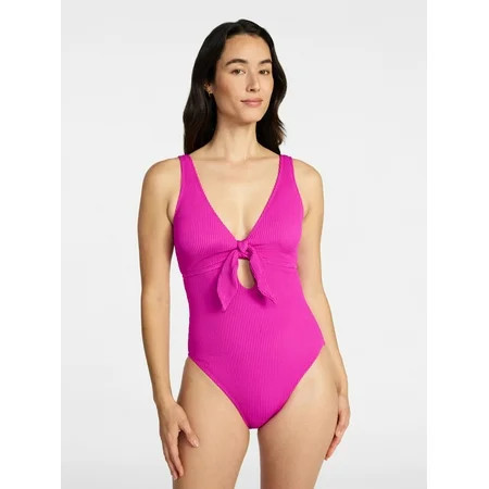 Time and Tru Women's and Women's Plus Size Crinkle Plunge Tie Front One Piece Swimsuit, Sizes XS-3X | Walmart (US)