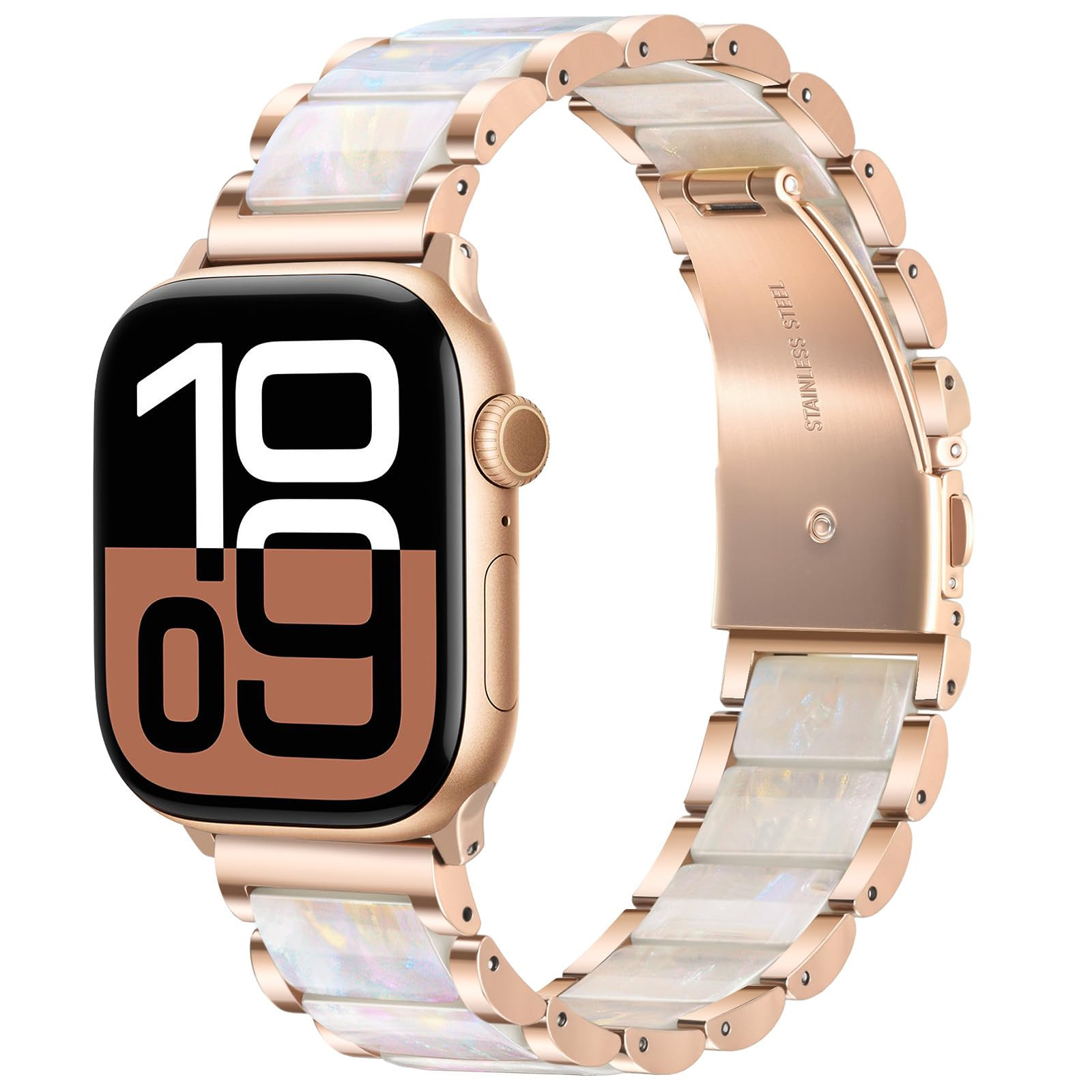 V-MORO Compatible with Apple Watch Band 41mm 42mm 40mm 38mm Series 11/10 Fashion Strap Women,Stainless Steel Resin Band Bracelet for iWatch Ultra/SE/9/8/7/6/5/4/3/2/1-Aurora White+Rose Gold | Amazon (US)