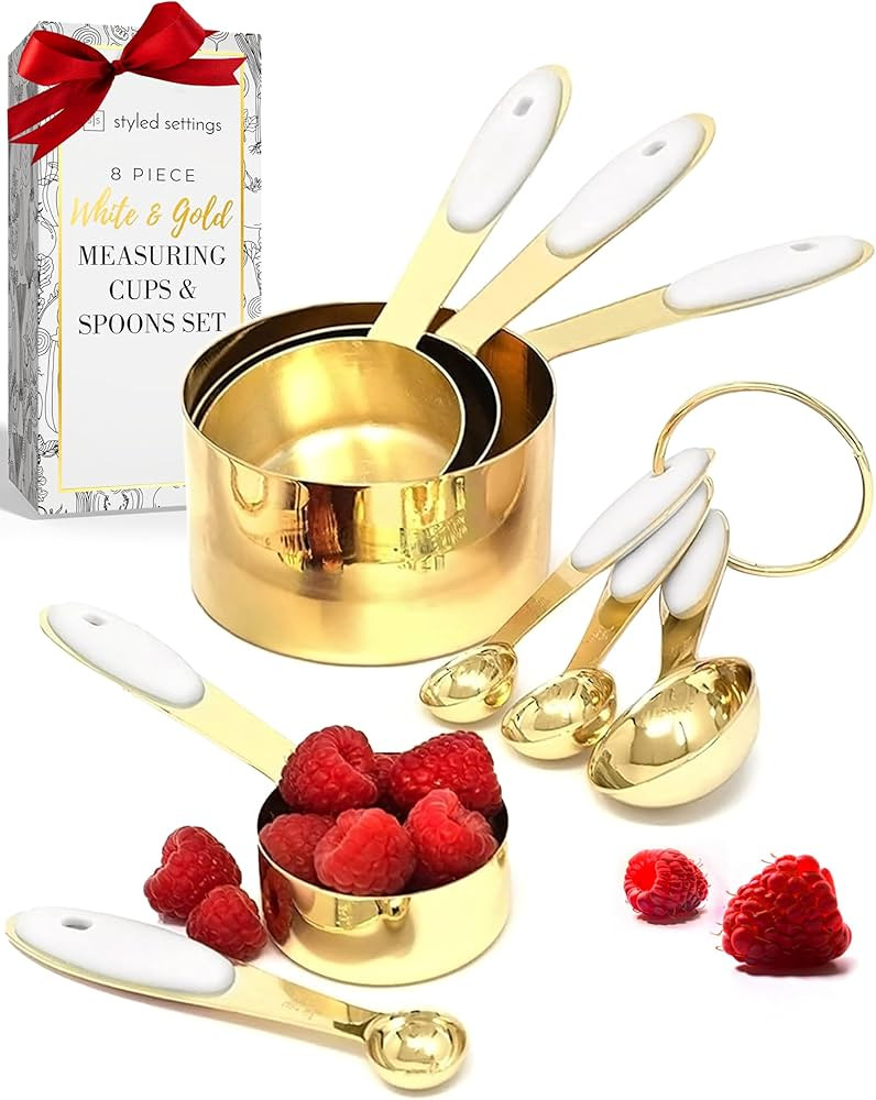 White and Gold Measuring Cups and Spoons Set – 8-Piece Stackable Stainless Steel Measuring Set ... | Amazon (US)