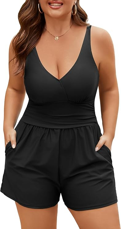 Plus Size Swim Romper Women One Piece Swimsuit Tummy Control Bathing Suit with Shorts Modest Full... | Amazon (US)