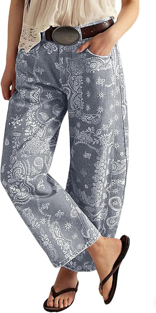 loveimgs Women Boyfriend Baggy Barrel Jeans Floral Print Denim Ankle Pants Wide Leg Mid Rise Jean... | Amazon (US)