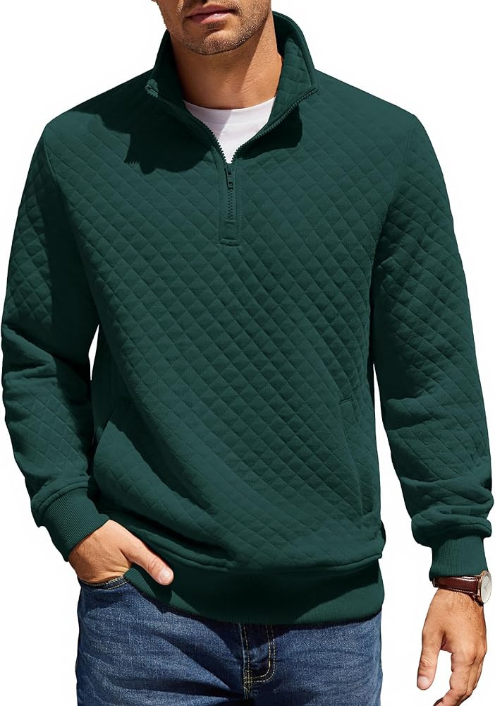 COOFANDY Mens Quarter Zip Pullover Quilted Sweatshirt Knit Long Sleeve Mock Neck Sweater Polo wit... | Amazon (US)