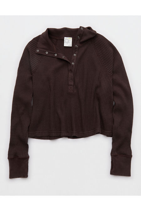 OFFLINE By Aerie Wow! Waffle Mockneck Henley Long Sleeve T-Shirt Women's Deep Earth XXS | American Eagle Outfitters (US & CA)