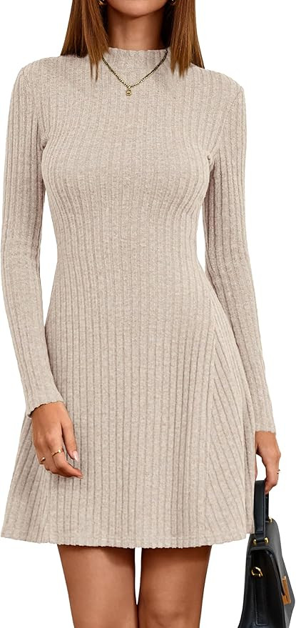 KIRUNDO Women's Sweater Dress 2025 Fall Lightweight Long Sleeve Mock Neck A Line Fit and Flare Ri... | Amazon (US)