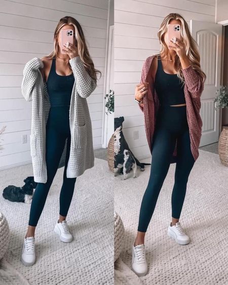 amazon finds. Bra top: xs // cardigan: small (grey) xs (red) // legging: xxs (wearing black, 7/8 length) // sneaker: size up a full size