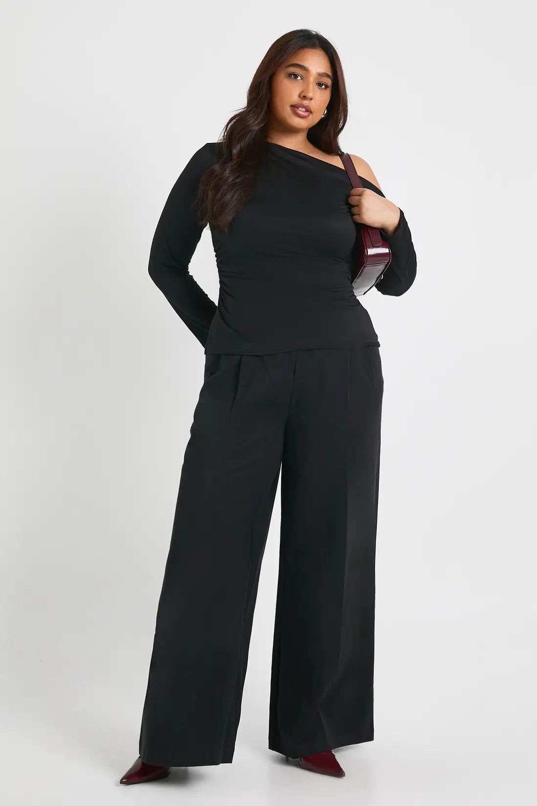 Black Plus Ruched Side Asymmetric Off The Shoulder Top | Boohoo USA | boohoo (US & Canada)