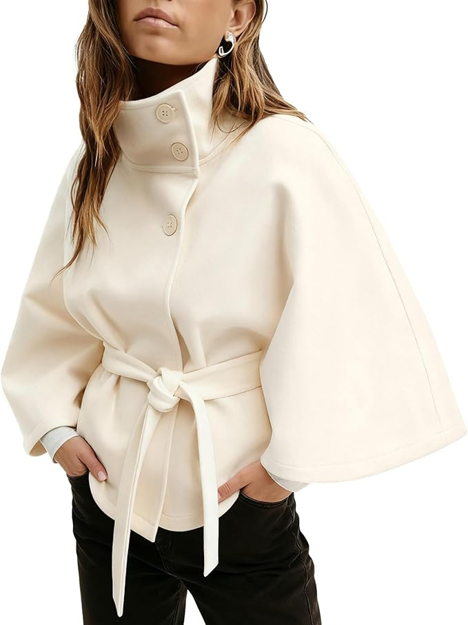 Zoziiee Womens Batwing Sleeve Poncho Pea Coats Elegant Stand Collor Capes Jacket Cloak Belted Fal... | Amazon (US)