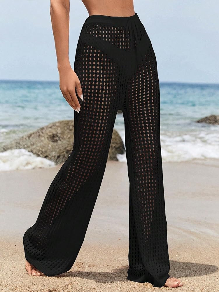 COZYEASE Women's Beach Cover Up Pants Hollow Out Drawstring Elastic High Waist Bathing Suit Cover... | Amazon (US)