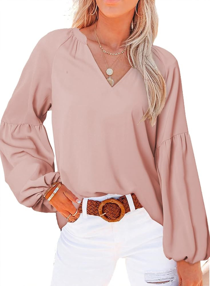 SHEWIN Womens Casual Boho Floral Print V Neck Long Sleeve Loose Blouses Shirts Tops | Amazon (US)