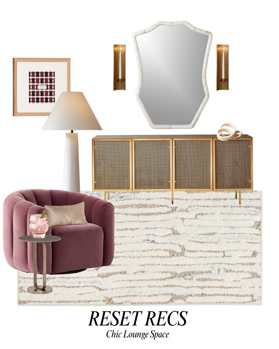 A chic, feminine girly lounge space featuring a pink velvet swivel chair, sculptural accent mirror, brass console, and cozy neutral rug. Warm lighting and modern details make this setup feel both elevated and inviting. Shop my RESET RECS for the best accent chairs, mirrors, consoles, and neutral rugs of 2025.

#LTKHome