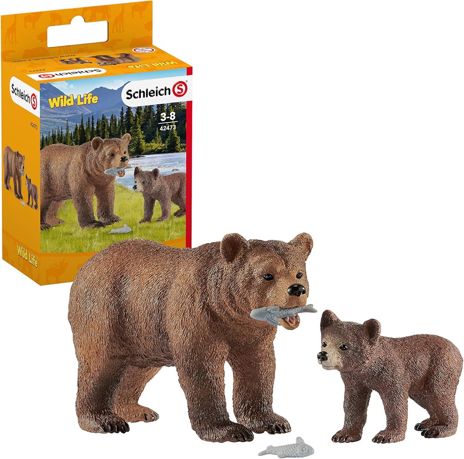 Schleich Wild Life Grizzly Bear Mother with Cub and Fish 4-piece Playset for Kids Ages 3-8 | Amazon (US)