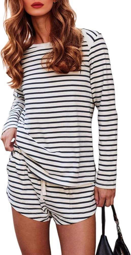 Womens Cotton Pajama Sets Casual Loungewear Set Striped Long Sleeve Tops and Shorts Pjs Lounge Se... | Amazon (US)