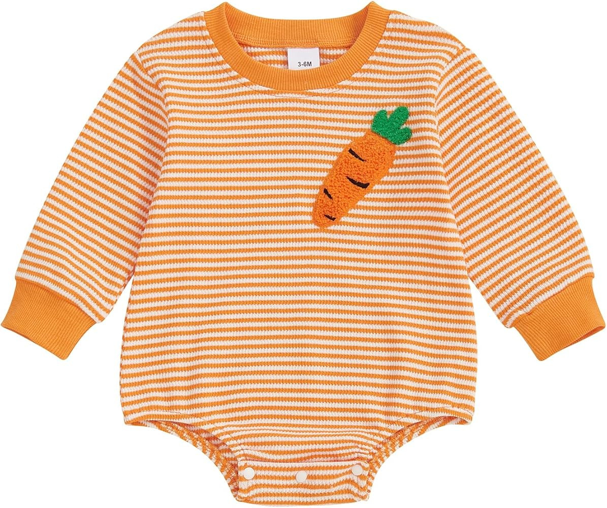 Baby Girl Boy Easter Outfits Waffle Carrot/bunny Embroidery Long Sleeve Bubble Romper Infant Spri... | Amazon (US)