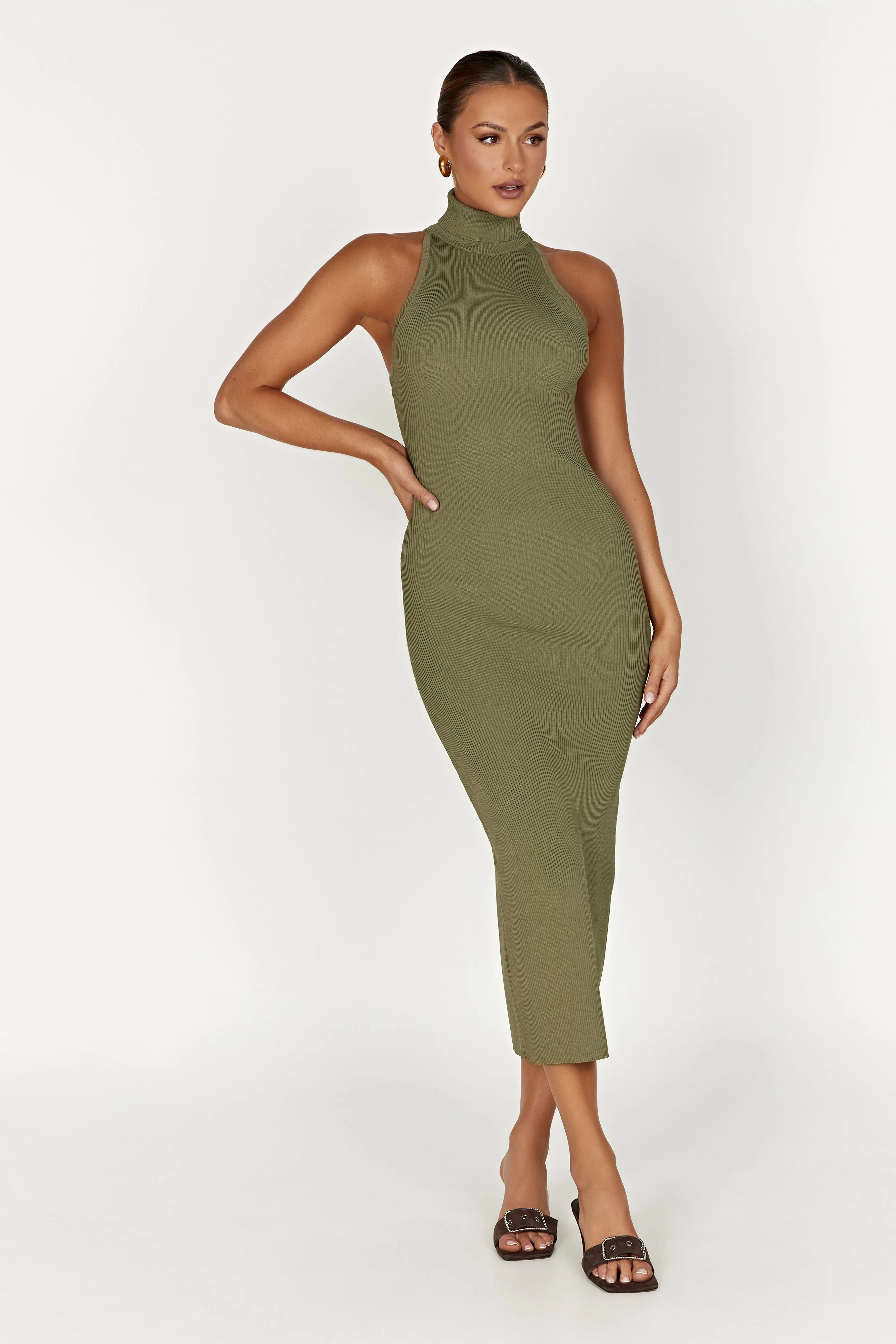 Connie Turtleneck Knit Midi Dress - Olive | MESHKI US