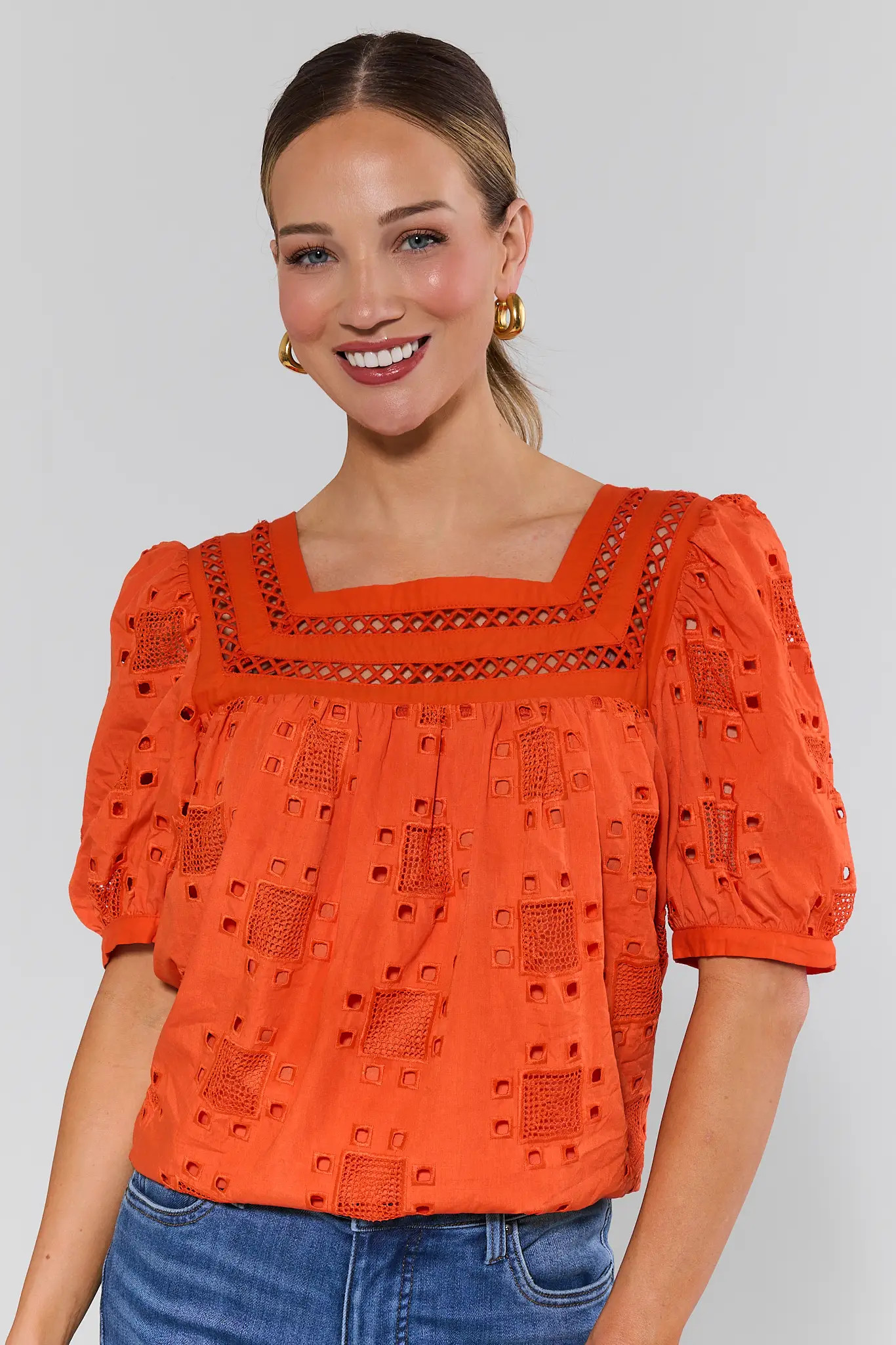 Ines Orange Eyelet Square Neck Top | Avara