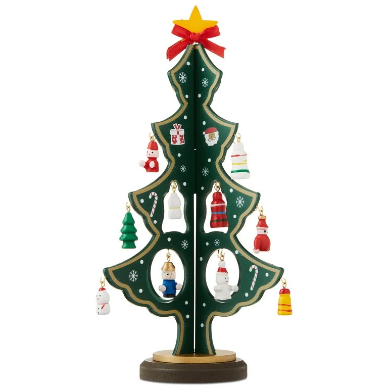Green Wood Mini Christmas Tree Set with Ornaments, 11", 24 Pieces, by Holiday Time | Walmart (US)