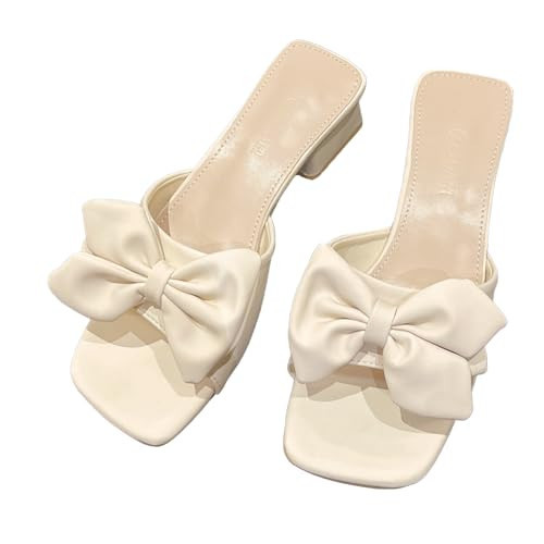 Zeberfi Women's Bow Tie Chunky Heel Sandals Fashion Cute Open Square Toe Slip On Low Block Heel Slide Sandals Summer Wedding Dress Shoes Pumps (Beige,4.5) | Amazon (US)