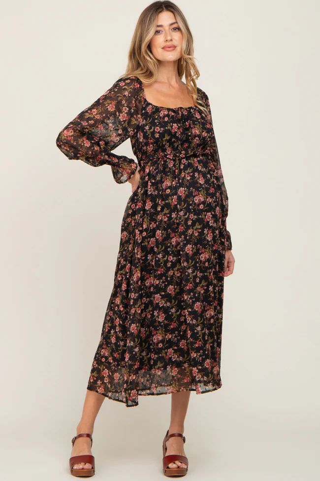 Black Floral Chiffon Smocked Waist Maternity Midi Dress | PinkBlush Maternity