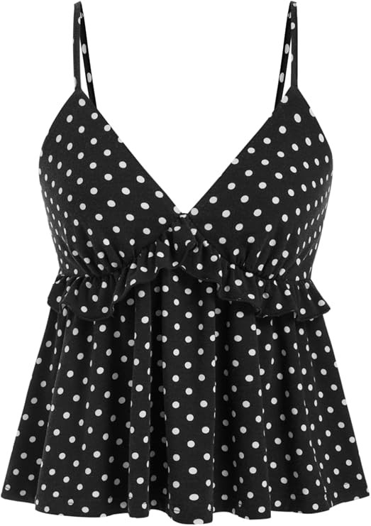 CIDER Polka Dot Babydoll Tops for Women Cute V Neck Sleeveless Flowy Tops | Ruffle Crop Tank Top,... | Amazon (US)
