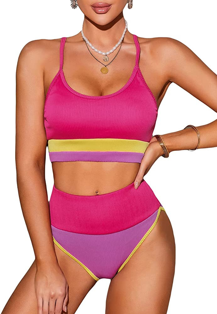 Herseas Women High Waist Bikini Set Color Block Striped Knit Ribbed Two Piece Swimsuits | Amazon (US)