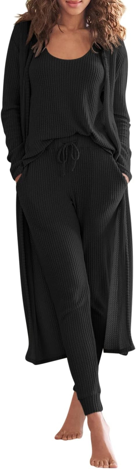 Eurivicy Womens Lounge Set Waffle Knit 3 Piece Pajama Sets Tank Tops Loose Pants with Long Cardig... | Amazon (US)