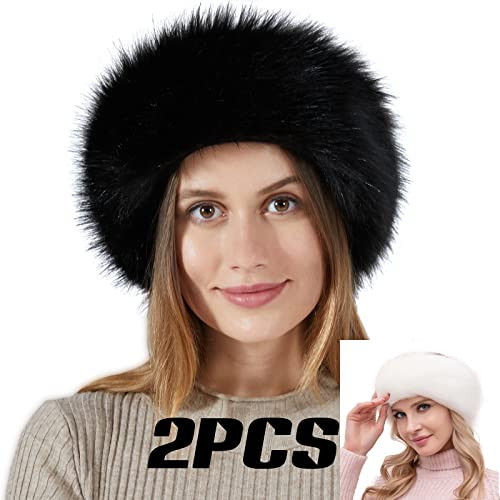 Fancylovesotio Womens Faux Fur Headband with Elastic Band Ear Warmer Earmuff for Cold Weather Furry Costume (Black+White 2pcs) | Amazon (US)