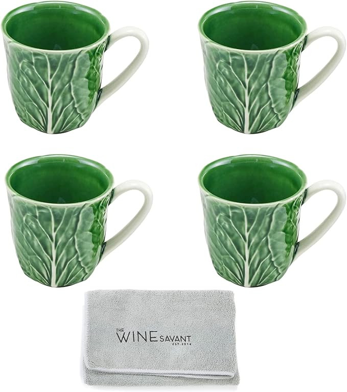Bordallo Pinheiro Cabbage Mug Natural Green Set of 4 with Wine Savant Cleaning Towel Bundle - Cof... | Amazon (US)