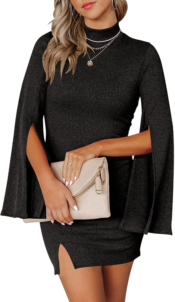ANRABESS Women's Mock Neck Cloak Long Sleeve Slim Fit Slit Side Bodycon Knit Mini Dress for Clue ... | Amazon (US)