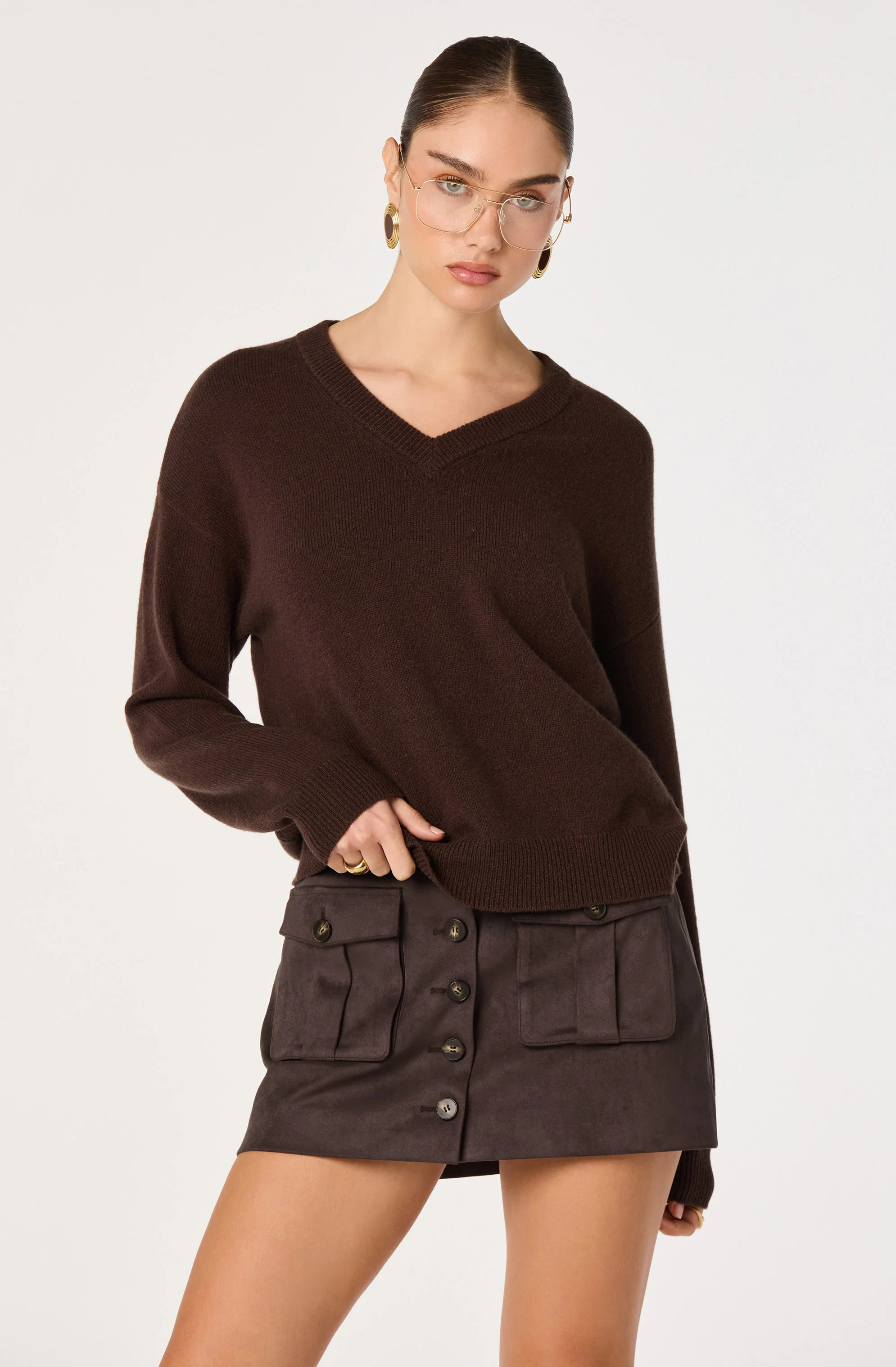 ASTR the Label | Bowie Heather V-Neck Sweater in Brown |  Size L | ASTR The Label (US)
