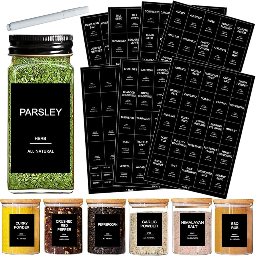 GPOVVIMX 191 Spice Jar Labels Preprinted Minimalist Stickers - Matte Black Waterproof Label - Fit... | Amazon (US)