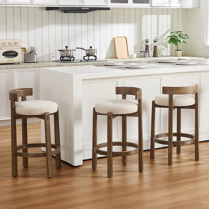Lessmore mid-Century Beige Linen bar stools Set of 3 - Low Back Counter Height stools with Wood F... | Amazon (US)