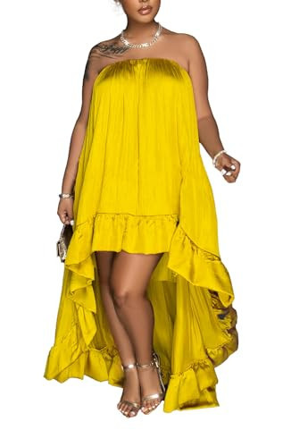 Womens Casual Summer Dress High Low Ruffle Hem Silk Maxi Dress Strapless Yellow S | Amazon (US)