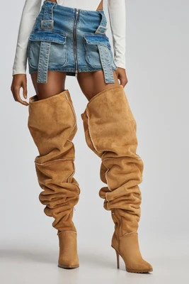 AZALEA WANG FABIOLA CAMEL SHERPA STILETTO THIGH HIGH BOOT | AKIRA