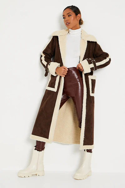 Chocolate Premium Maxi Length Faux Suede Trench Coat With Borg Trims | ISAWITFIRST UK