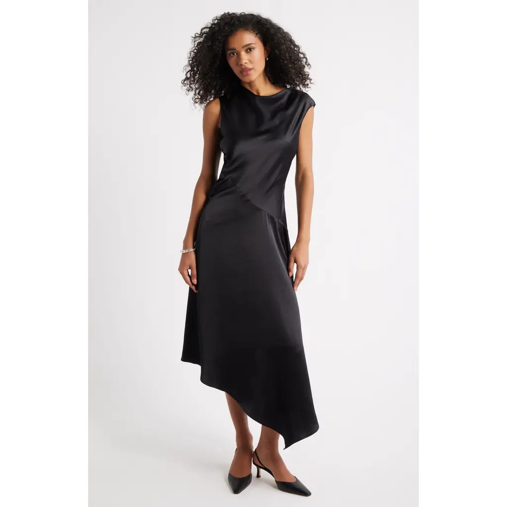 Open Edit Cowl Neck Asymmetric Satin Midi Dress in Black at Nordstrom, Size Medium | Nordstrom