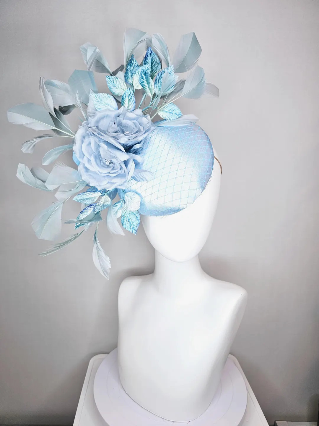kentucky derby hat fascinator baby blue satin with netting light blue satin rose flowers blue omb... | Etsy (US)