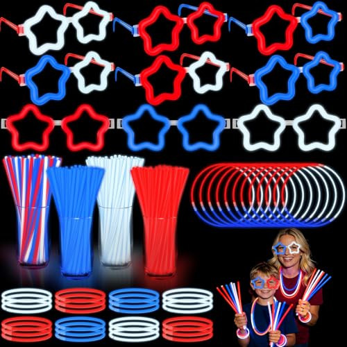 126 PCS 4th of July Glow Sticks Bracelets Necklaces with Connectors, 6 Red White Blue Glasses Glow in The Dark Party Supplies, Light Up Party Favors for Kids Adults, 250th Anniversary USA Accessories | Amazon (US)