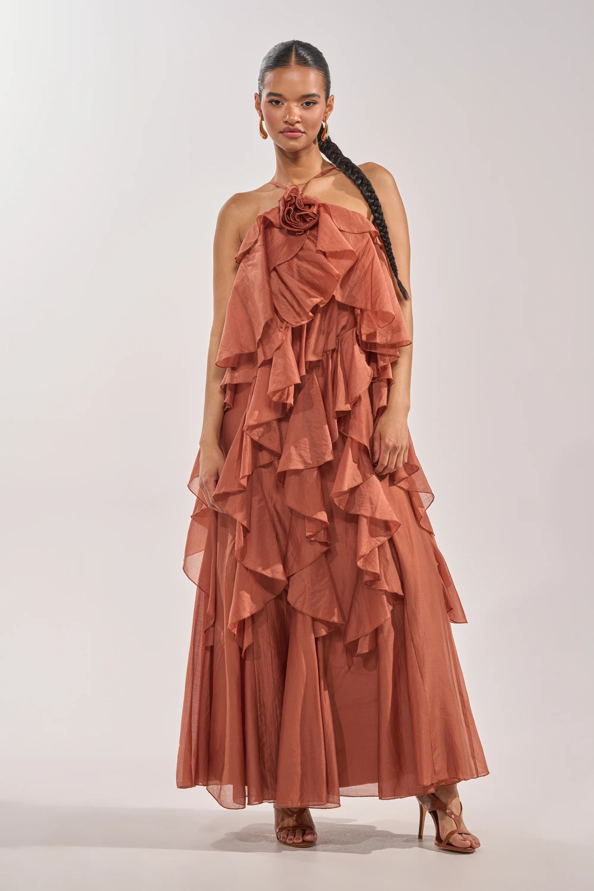 KISS ME SLOW CHIFFON MAXI DRESS IN RUST | AKIRA