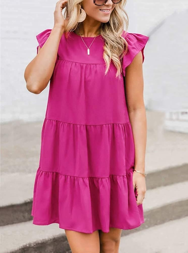 KIRUNDO Women’s Summer Dress Sleeveless Ruffle Sleeve Round Neck Mini Dress Solid Color Loose F... | Amazon (US)