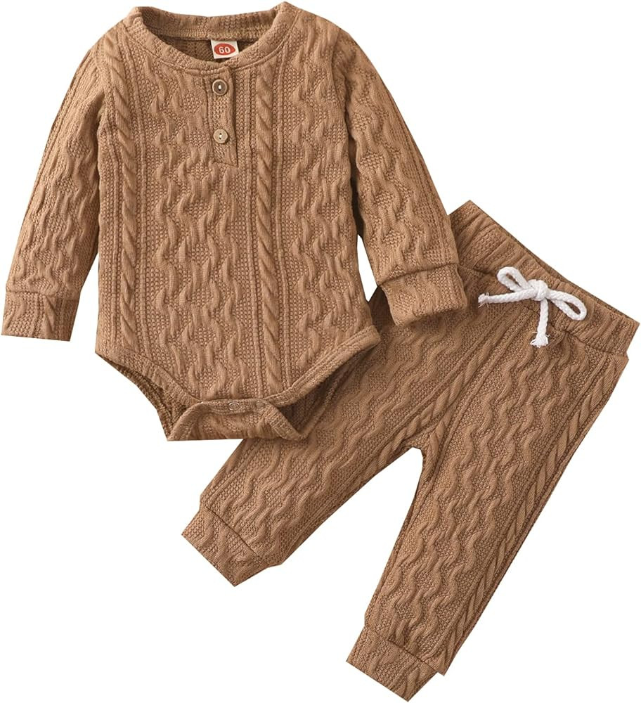 Newborn Baby Boy Girl Clothes Ribbed Knitted Cotton Long Sleeve Romper Long Pants Solid Color Fall W | Amazon (US)
