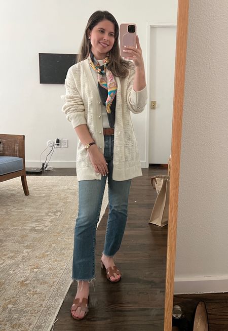 Hill house home grandpa , spring outfit, casual denim outfit, scarf, Hermes scarves, Baldwin jeans, cut too, neutral outfit, Hermes sandals, j. Crew belt, silk scarf, classic style, petite style, white cardigan 

#LTKFind #LTKstyletip #LTKunder100