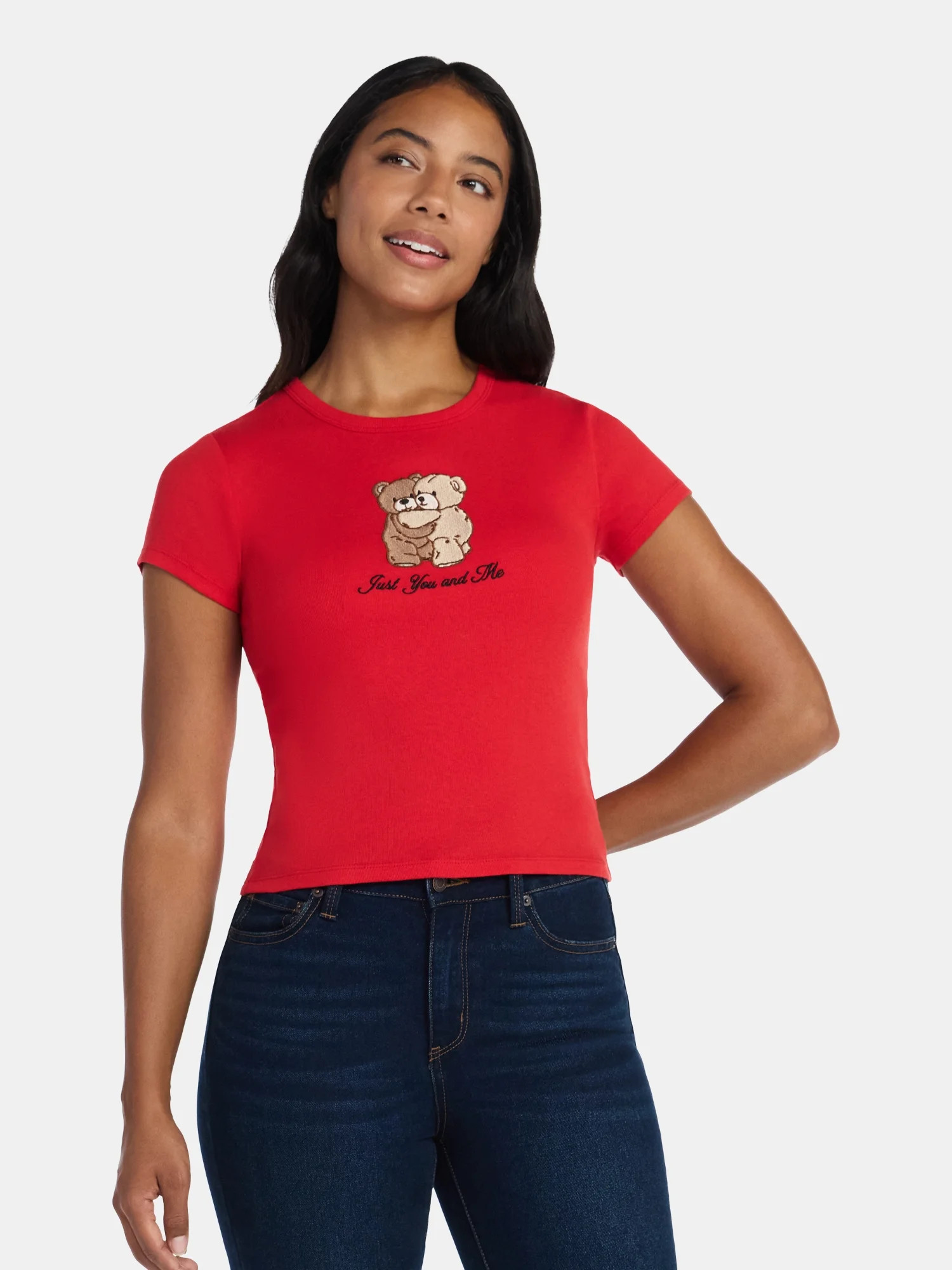 Valentine's Day Women’s Teddy Bears Embroidered Graphic Tee with Short Sleeves, Sizes XXS-XXL | Walmart (US)